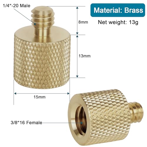 Anwenk Standard 3/8"-16 Female to 1/4"-20 Male Tripod Thread Reducer Screw Adapter (Brass) Precision Made (2 Pack) - color: 1/4" Male to 3/8" Female Screw Brass