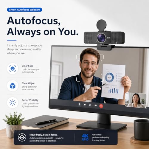 4K Webcam for PC with Dual Microphones,UHD 30fps Web Camera,Autofocus USB Webcam with Privacy Cover,Tripod, Plug & Play Camera for Zoom, Teams, Skype, Streaming, Laptop & Desktop