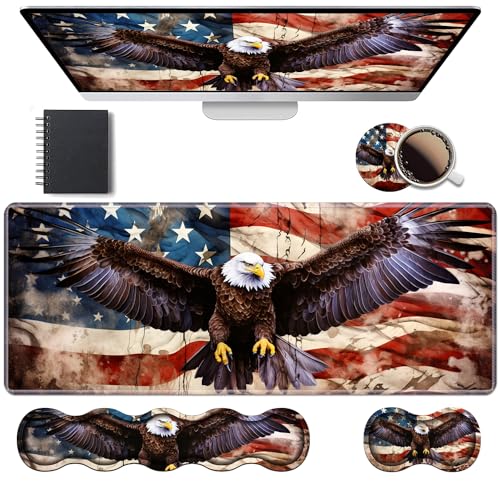 Ergonomic Keyboard Wrist Rest & Mouse Pad Wrist Rest Set,Large XXL Gaming Desk Mat 31.5"x 11.8" with Memory Foam,Easy Typing Pain Relief for Office & Home,Vintage USA Flag American Patriotic Eagle - color: Vintage USA Flag American Patriotic Eagle