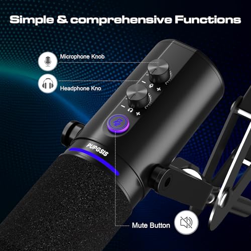 PUPGSIS Podcast Dynamic Microphone, XLR/USB Recording PC Microphones for Broadcast, Podcast, Recording, Gaming & Streaming, Studio Mic with Mute, Headphone Jack, Monitoring Volume Control, Windscreen - size: With Desk Stand