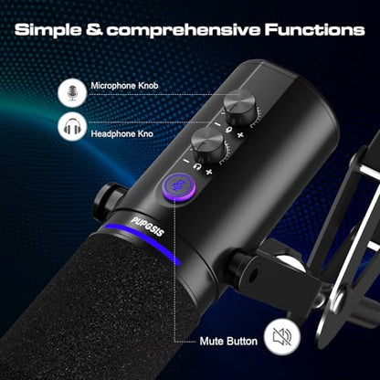 PUPGSIS Podcast Dynamic Microphone, XLR/USB Recording PC Microphones for Broadcast, Podcast, Recording, Gaming & Streaming, Studio Mic with Mute, Headphone Jack, Monitoring Volume Control, Windscreen - size: With Desk Stand
