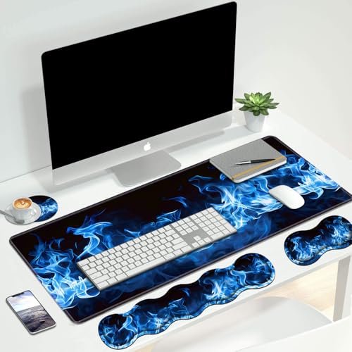 4 in 1 Ergonomic Keyboard Wrist Rest & Mouse Pad Wrist Rest Set, Large XXL Gaming Desk Mat 31.5"x 11.8" with Non-Slip Base, Memory Foam for Home Office Study Gaming, Blue Flame - color: Blue Flame
