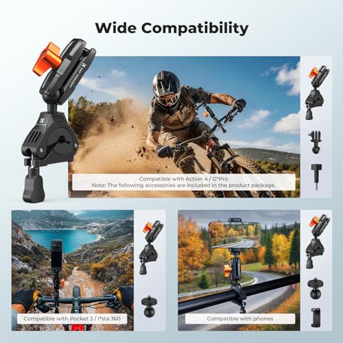 K&F CONCEPT Handlebar Bike Mount with 360° Dual Ball Head, Camera Clamp Mount Compatible with Hero 13/12/11/10, Osmo Action 6 5 4 Pro, 360 X5 X4 and Smartphones - style: Dual Ball Joints