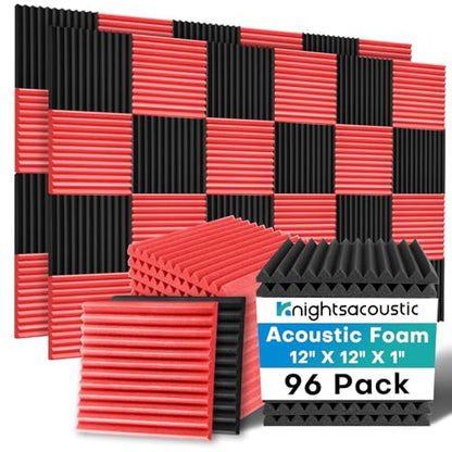 96 Pack Sound Proof Foam Panels for Walls, 1 X 12 X 12 Inches Acoustic Foam Panels, High Density Acoustic Panels Sound Absorbing, Noise Cancelling Studio Wedges Red + Black (NOT INCLUDE ADHESIVE) - size: 96Packs Red+Black