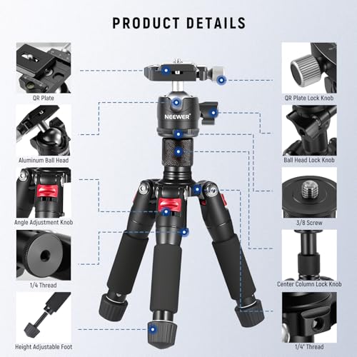 NEEWER Portable Travel Mini Tabletop Tripod, Aluminum Alloy 20''/ 50cm Desktop Desk Tripod with 360 Degree Ball Head, 1/4" Quick Shoe Plate for DSLR Camera Video Camcorder, Max Load 11 lb/5 kg