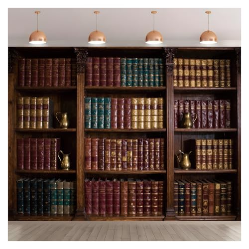 7x5ft Vintage Bookshelf Backdrop Retro Wooden Bookcase Photography Background Classic Library Study Photo Backdrop for Video Conference Zoom Call Home Office Decor Books Themed Party Decorations - size: 7x5FT
