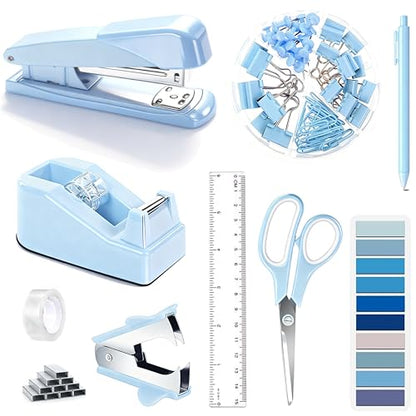 Dimonluce Blue Desk Accessories, Blue Office Supplies Accessories with Tape Dispenser, Stapler, Staple Remover, 1000 Staples, Tape, Clips Set, Ruler, Scissor, Pen - color: Blue