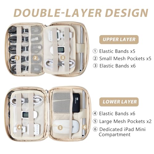 Travel Cable Organizer, Tech Pouch Electronics Organizer Travel Case, Portable Lightweight All-in-One Storage Bag for Cords, Charger, Phone, USB Cables, Hard Drive, Flash Drive (Beige, Large)