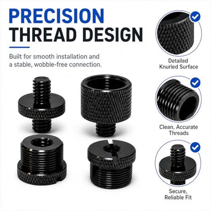 16 Pack Mic Stand Adapter Screws with Extension Tube, Microphone Stand Adapter Kit, Black Aluminum Alloy, 5/8 to 3/8, 3/8 to 5/8, 1/4 to 5/8 Threaded Mount for Mic Boom Arm, Tripod & Fill Light