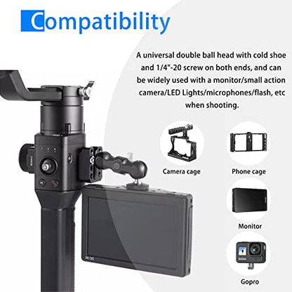 Magic Arm Cool Ballhead Double Ball Head Adapter with 1/4’’ Screw and Cold Shoe Mount - 2 Pack for Cameras, Camcorders, Monitor, Flash, LED Light, Microphone, and More