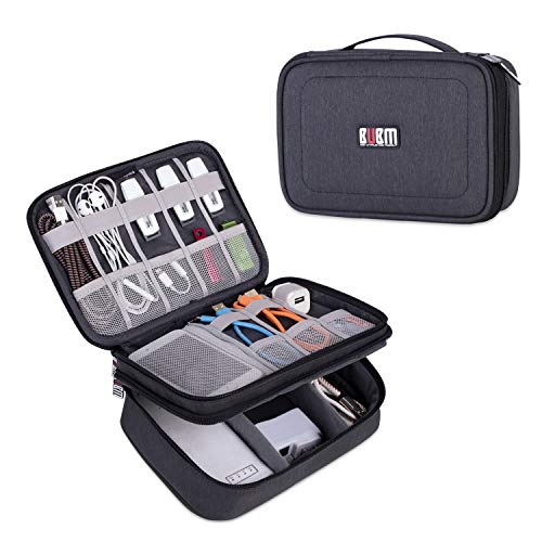 BUBM Electronic Organizer, Double Layer Travel Gadget Carry Bag for Cables, Plugs, Earphone, Flash Hard Drive and More--a Sleeve Pouch for iPad Mini(Medium, Black) | Travel Gadget Storage Bag for Cables, Cord, USB Flash Drive, Power Bank and More-a Sleeve