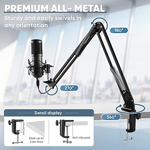 USB Microphone, Plug & Play 192kHz/24bit Cardioid Condenser Studio Mic Kit with Professional Sound Chipset Mount Pop Filte and Boom Arm for Recording, Gaming, Streaming, Skype, Podcast