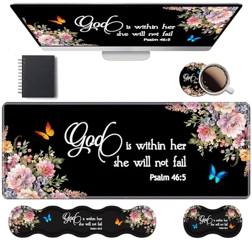 Ergonomic Keyboard Wrist Rest & Mouse Pad Wrist Rest Set, Large XXL Gaming Desk Mat 31.5"x 11.8" with Memory Foam, Easy Typing Pain Relief for Office & Home, Floral Quote Bible Verse Psalm 46:5 - color: Floral Quote Bible Verse Psalm 46:5