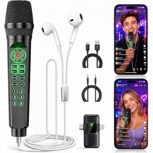 MC9 Online Karaoke Microphone for Phone/PC, Live Streaming Microphone Set | Easy Podcast Kit w/Built-in Sound Card, Voice Changer, Real-Time Monitoring for TikTok YouTube Live Recording Beginners