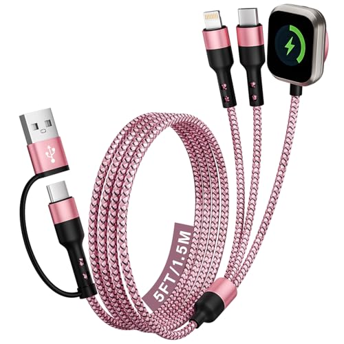 Travel Essentials & Car Accessories, 3 in 2 Multi Charging Cable USB C Multiple Travel Charger, USB A/C to USB C/iWatch Charger/IP, for iWatch Series/Ultra/SE& iPhone 17-8/Galaxy S26/25/Note/iPad-5FT - color: Pink, size: 1Pack5FT