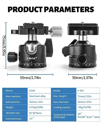 Ball Head Mount, CAVIX 36mm Ball Head Camera Tripod Head with 1/4“ Arca Swiss Quick Release Plate for Tripod, Monopod, DSLR, Camera,Load 33lb/15kg - size: Ball Dia. 36mm