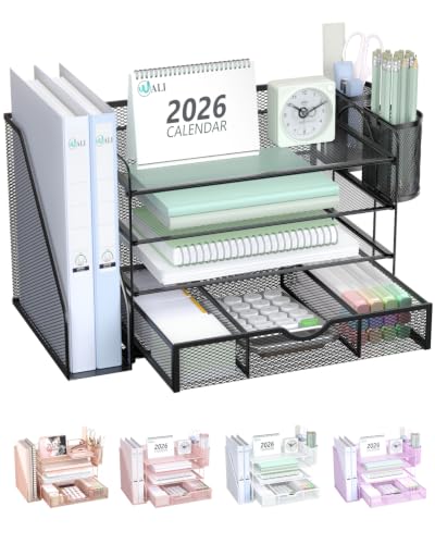 WALI Desk File Organizer, 4 Tier Desktop Paper Letter Tray Organizer with Drawer and 2 Pen Holders, Office Desk Accessories & Workspace Organizers for Office, Home Supplies(DO005DH-B), 1 Pack, Black - color: Black, size: 4-Tier