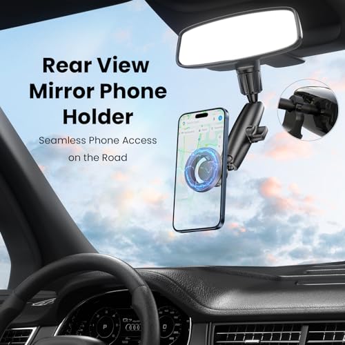 Magnetic Phone Holder for Car, Rear View Mirror Phone Holder, 360° Rotating Car Phone Mount, Compatible with iPhone 17/16/15/14/13/12 Series and All Phones with Magsafe Case or Metal Ring - style: magnetic