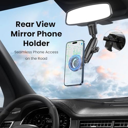 Magnetic Phone Holder for Car, Rear View Mirror Phone Holder, 360° Rotating Car Phone Mount, Compatible with iPhone 17/16/15/14/13/12 Series and All Phones with Magsafe Case or Metal Ring - style: magnetic