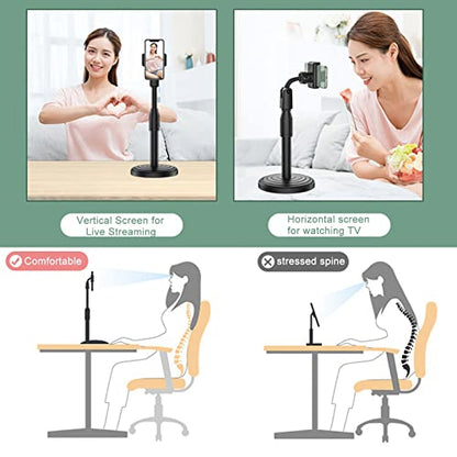 Multi-Function 360° Rotation Desk Cell Phone Holder for Live Streaming Watching Movie(Classic Black with Round Base 7″-11.8″ Height) - color: Black