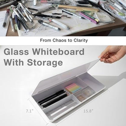 Black Glass Desktop Whiteboard – Modern Dry Erase Board with Storage Drawer for Desk Notes & Organization - color: Black Black