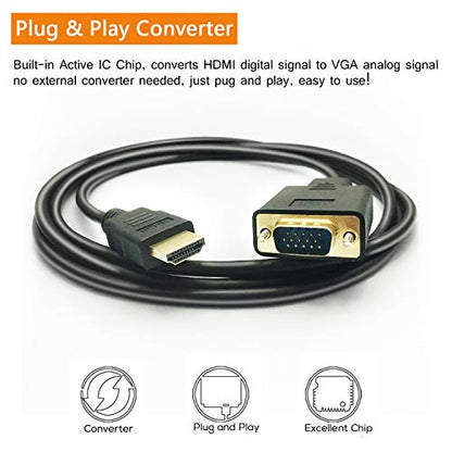 HDMI to VGA Cable, 1080P HDMI Male to VGA Male M/M Video Converter Cord VGA Adapter Compatible w/HDMI Desktop, Laptop, DVD to 15 Pin D-SUB VGA HDTV Monitor Projector - 6Feet