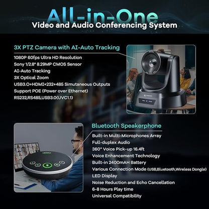TONGVEO AI Auto-Tracking PTZ Conference Camera System with Bluetooth Microphones, 3X Optical Zoom USB3.0 1080P 60fps, 93° Wide-Angle All-in-One Video Conference Solution for Church & Office