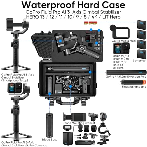Lekufee Waterproof Hard Carrying Case for GoPro Fluid Pro AI 3-Axis Gimbal Stabilizer, Gopro Hero 13/12/11/10/9 Camera, Mission 1 PRO,Media Mod, and other Accessories(Case Only)
