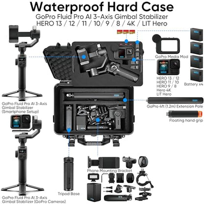 Lekufee Waterproof Hard Carrying Case for GoPro Fluid Pro AI 3-Axis Gimbal Stabilizer, Gopro Hero 13/12/11/10/9 Camera, Mission 1 PRO,Media Mod, and other Accessories(Case Only)