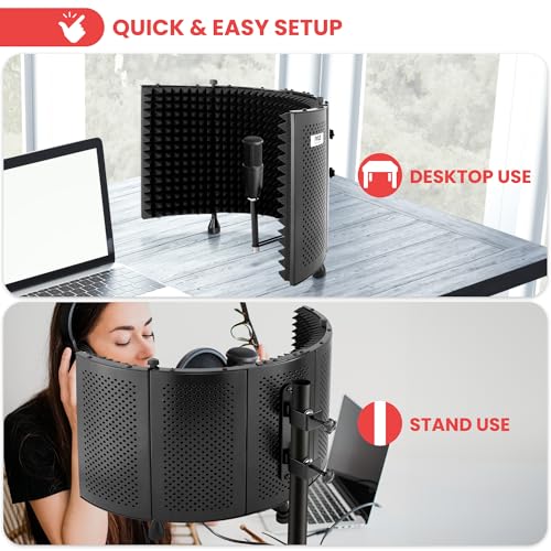 Pyle Microphone Isolation Shield with Soundproof Foam, Portable Vocal Recording Booth for Studio & Podcast, Adjustable Folding Acoustic Panels, Shock Mount, 5/8'' Mic Thread, Easy Setup