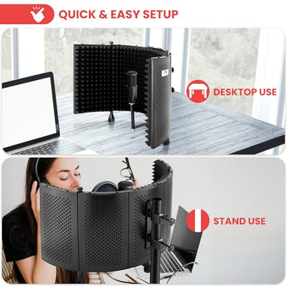 Pyle Microphone Isolation Shield with Soundproof Foam, Portable Vocal Recording Booth for Studio & Podcast, Adjustable Folding Acoustic Panels, Shock Mount, 5/8'' Mic Thread, Easy Setup