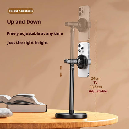Height Adjustable Phone Stand for Desk, Retractable Desktop Phone Holder, 180° Flip & 360° Rotation Design，Compatible with iPhone/Android Devices,Ideal for Live Streaming and Video Recording (White)