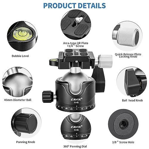 CAVIX Tripod Ball Head with 1/4" Arca Swiss Quick Release Plate Aluminium Tripod Ball Head Mount Large Ball - color: HB46A