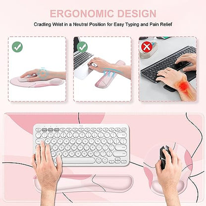iCasso Large Gaming Mouse Pad Wrist Support Set, Desk Mat, 4in1 XXL Mousepad + Keyboard Wrist Rest+Mouse Wrist Rest+Coaster Set with Ergonomic Design for Home Office Table Computer-Pink Art - color: Pink Art