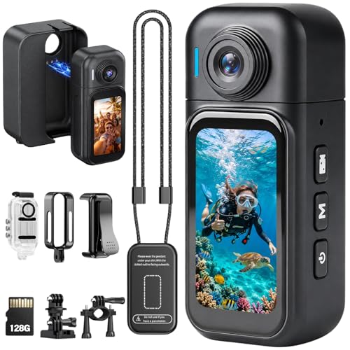 1080P Action Camera, Body Cam, POV Recorder, 128GB, Charging Case | Up to 6H with charging case; waterproof case, magnetic pendant and back clip for travel,bike POV,vlogs and outdoor recording - size: H91128G