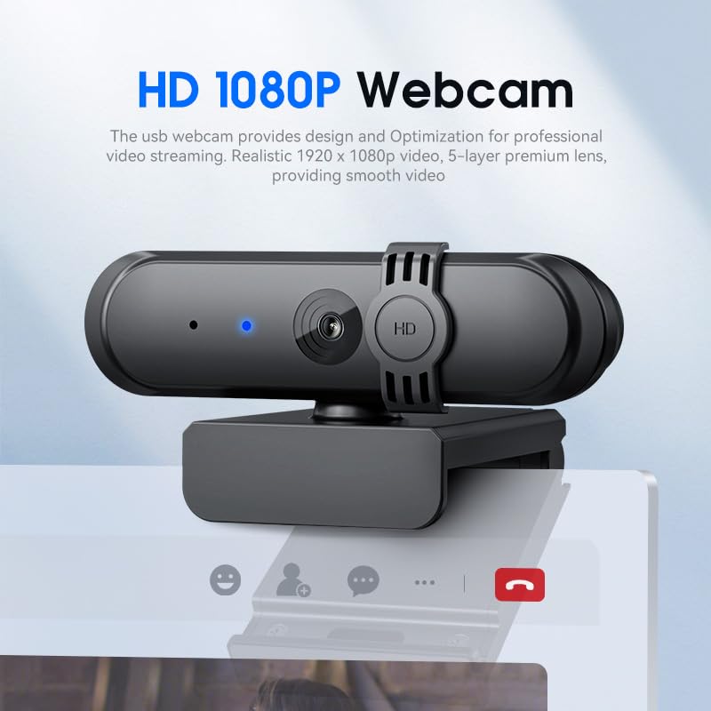 1080P Webcam with Microphone for Video Calling/Meetings/Teaching, HD 30fps Web Camera with Sliding Privacy Cover, USB-A Cable, for Zoom/Skype/Facetime, Laptop/Desktop/PC