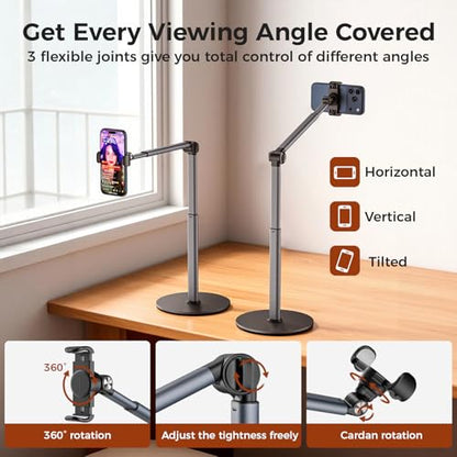 MoKo Overhead Tripod for iPhone, Heavy Duty Aluminum Overhead Phone Mount, Angle & Height Adjustable, Telescopic Arm, Overhead Phone Stand for Recording, Live Streaming, Cooking, Filming (Clip)