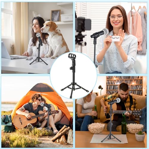 Relaxweex 4 Set Desktop Mic Stand Portable Foldable Adjustable Tabletop Microphone Stand Microphone Tripod with Mic Clip, Storage Bag and 5/8" Male to 3/8" Female Screw(Stylish,10.63''-15.35'')