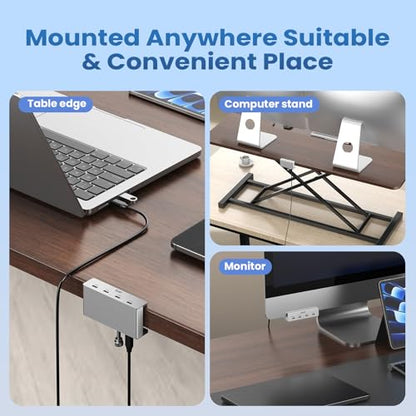 EJAY USB C Hub Clamp Mount, 4-Port 10Gbps USB 3.2 Hub Gen 2, Aluminum Clamp On USB Hub for Monitor & Desk, Dual Cable USB C Splitter Data Hub for Mac, PC, Desktop, Silver