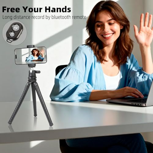 Flexible Tripod for Phones & Camera, Mini Phone Tripod Stand with Remote & Phone Holder for Video Recording, Compatible with iPhone GoPro Insta360 X5 DJI Osmo Pocket 3 Canon Nikon Sony Camera