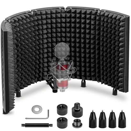 CAHAYA Microphone Isolation Shield Foldable - Mic Shield Recording Studio Sound Absorbing Foam Reflector with 3/8" and 5/8" Mic Adapter Microphone Recording Equipment Black