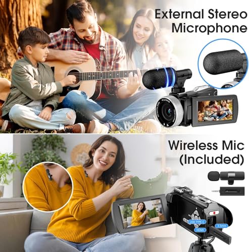 4K Ultra HD Video Camera Camcorder, 48MP Digital Recorder with Wireless Lavalier Microphone, 18X Digital Zoom, Remote Control, 32GB SD Card for Vlogging YouTube Travel