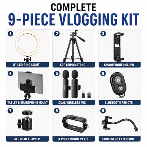 Acuvar Vlogging Kit with Ring Light Tripod – Content Creator Kit for iPhone, Android & Tablets, Microphone, Remote, YouTube & TikTok Starter Kit for Influencers