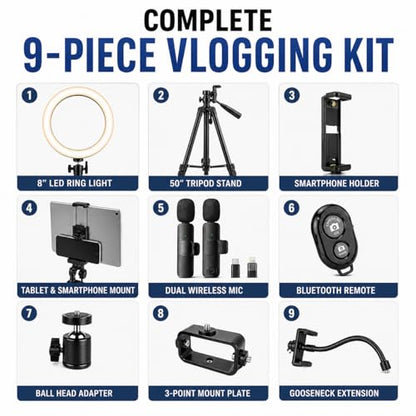 Acuvar Vlogging Kit with Ring Light Tripod – Content Creator Kit for iPhone, Android & Tablets, Microphone, Remote, YouTube & TikTok Starter Kit for Influencers