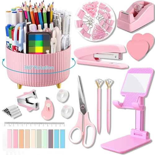 Pink Office Supplies,Desk Accessories,Desk Organizer,Phone Stand,Scissors,Stapler,Tape Dispenser,Binder clips,Staples,staple remover,Sticky Notes,Index Tabs,Clear Tape,Mini Box Cutter,Cool Pen 16pcs - color: 16 pcs set Pink, size: 16 pcs set