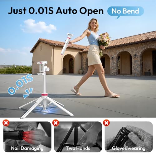 ULANZI MT-44B Phone Tripod, 59'' Auto Open Phone Stand with Dual Camera Set up, 360° Ball Head, Extendable Selfie Stick w Cold Shoe for Filming/Selfie in Vlog, Family Gatherings, White - color: White
