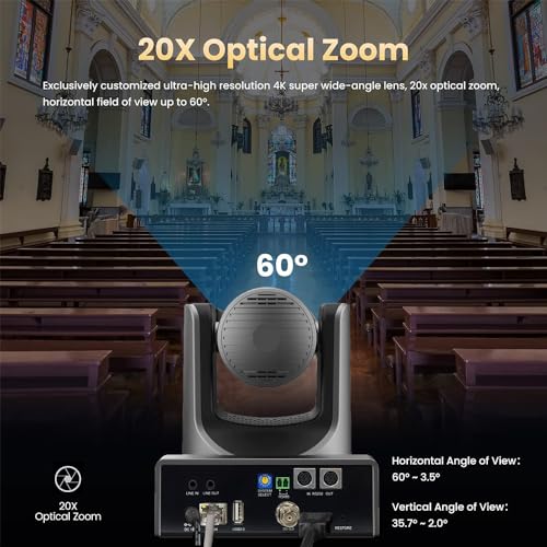 4K PTZ Camera,20X Optics Zoom,4KP60 UHD Live Streaming PTZ Camera,SDI/HDMI/USB/IP Outputs for Church/Events Services (Gray No NDI) - style: 4K PTZ Camera