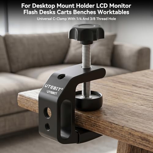 UTEBIT 0.36"-1.2" Universal Aluminum C-Desk Clamp, Black | Adjustable Support Clamp with 1/4" and 3/8" Thread for Desktop Mount Holder Flash Desks Carts Benches Worktables - size: 0.36-1.2 inch