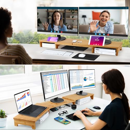 Nnewvante Monitor Stand Riser, 60 inch Large Bamboo Dual Monitor Stand for Desk, 3 Shelves Desktop Screen Riser with Adjustable Length Angle for Computer Laptop PC