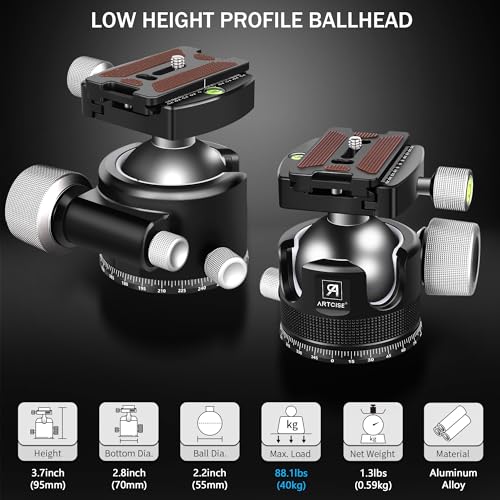 55mm Low Profile Ball Head Tripod Ball Head ARTCISE KB55 Heavy Duty Tripod Head All Metal CNC Machining with Three 1/4" Quick Release Plates for Tripod, Monopod, DSLR, Camcorder, Max Load 88lbs /40kg